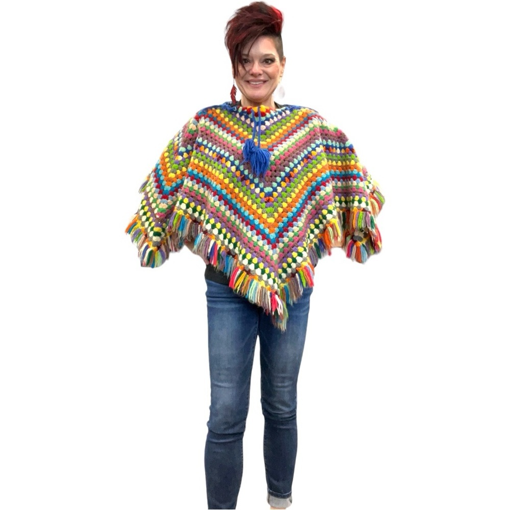 Vintage Crocheted Coachella Festival Hippie Handmade Boho Poncho Tassel Shawl
